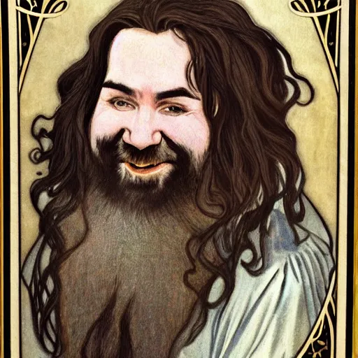 Image similar to art nouveau portrait of tom kenny as a dwarven barbarian with full luscious groomed beard, long flowing hair, a cheeky smile, gold filigree, mucha