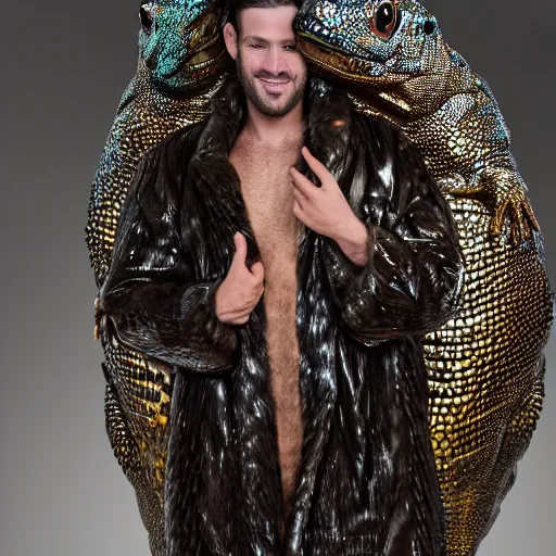 Image similar to portrait, a man wearing a giant scaly shiny wet rubber lizard costume with a huge extravagent fur coat and a giant shiny expensive fur coat, beautiful women laying all around him on a luxurious expensive bed, ultra - detailed, photorealistic, 4 k