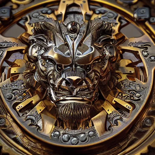 Image similar to A steampunk ornate lion made of engraved full plate armor and gears, Macro shot by Justin Gerard, unreal engine, physically based rendering