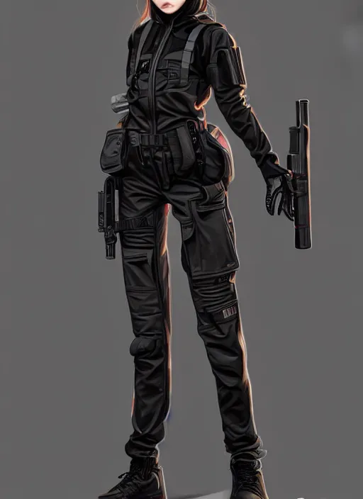 Image similar to full body portrait of a techwear uniform girl with guns. detailed face, concept art, digital art, intricate, highly detailed 8 k, smooth, sharp focus, beautiful and aesthetic shape of face and body, artgerm, artstation, art by zexi guo and nira and kafun and gharliera and rinotuna