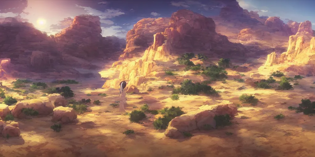 Image similar to a stunning desert landscape by makoto shinkai