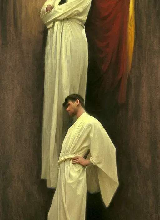 Image similar to an oil painting of a tall person in flowing white robes standing in a hazy, gloomy, dark room, art nouveau in the style of john singer sargent, greg rutkowski, maxfield parrish and alphonse mucha