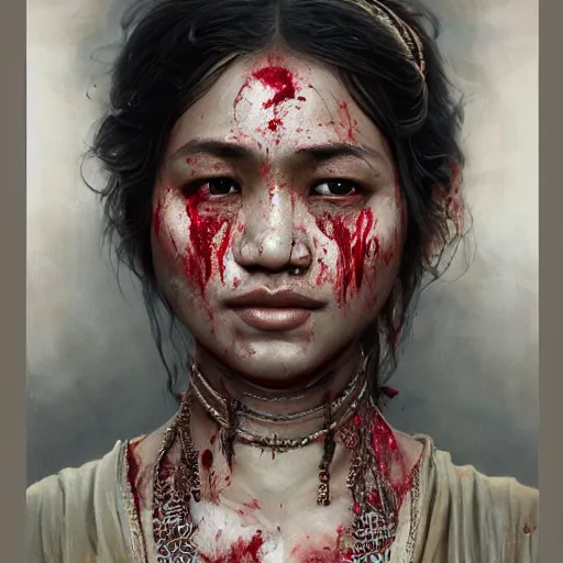 Image similar to portrait painting of a bloodied nepali female butcher wearing low cut sari, ultra realistic, concept art, intricate details, eerie, highly detailed, photorealistic, octane render, 8 k, unreal engine. art by artgerm and greg rutkowski and alphonse mucha