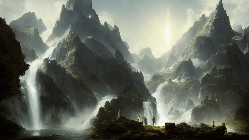 Image similar to elven spire above the great alpine waterfall. andreas achenbach, artgerm, mikko lagerstedt, zack snyder, tokujin yoshioka