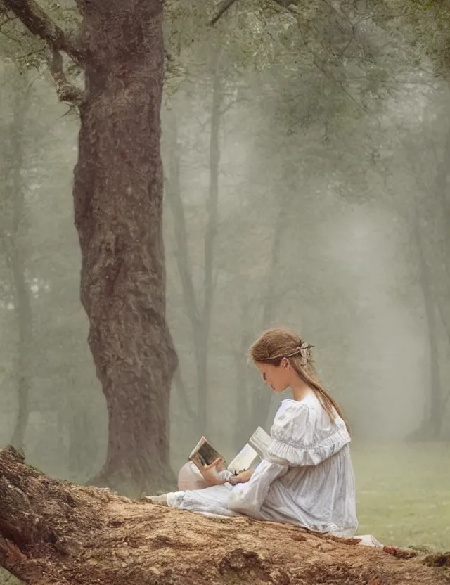 Image similar to peasant Girl in white reading a book sitting on a tree in a foggy forest, Cinematic focus, Polaroid photo, vintage, neutral colors, soft lights, by Steve Hanks, by Serov Valentin, by lisa yuskavage, by Andrei Tarkovsky 8k render, detailed, oil on canvas