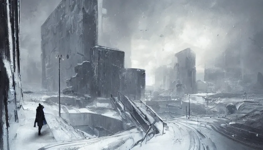 Prompt: a beautiful painting in the style of cedric peyravernay of a snowy landscape overlooked by a female spy in tactical gear, overseeing a large brutalist facility in the distance, award winning art