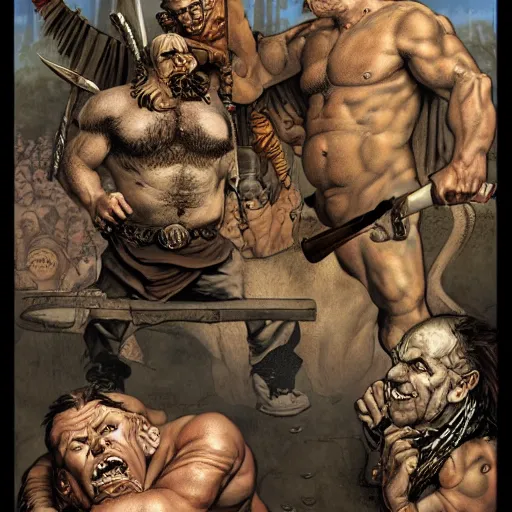 Image similar to grinning hybrid [ bulldog and man ] barbarian, fantasy warrior, drooling, ultra detailed, 4 k, style of norman rockwell, style of richard corben.