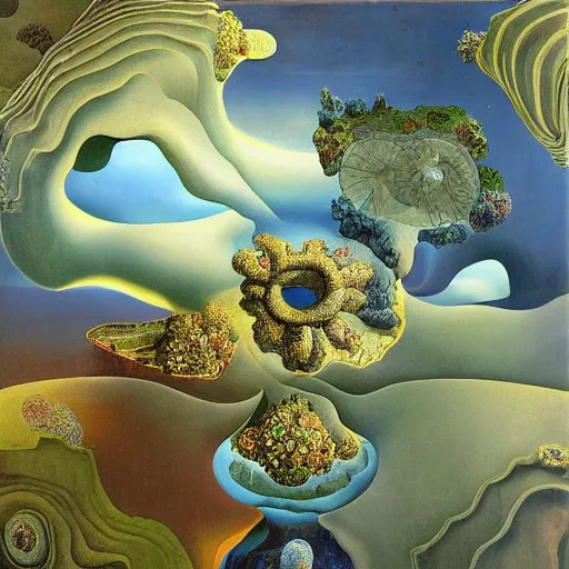 Prompt: birdview of garden shaped into mandelbulb pattern, oil on canvas, surrealism, by salvador dali