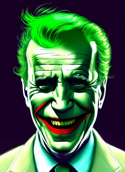 Image similar to portrait of joe biden as the joker, green hair, intricate, elegant, glowing lights, highly detailed, digital painting, artstation, concept art, sharp focus, illustration, art by wlop, mars ravelo and greg rutkowski