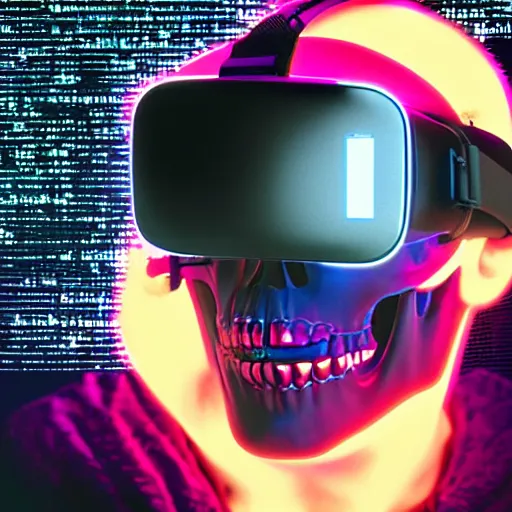 Image similar to a skull with a vr headset in a cyberpunk aesthetic, 4 k, with the word pixel written on the headset