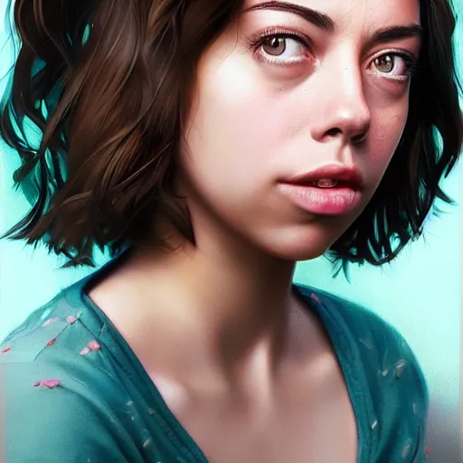 Image similar to a beautiful scenic painting of a beautiful young woman that looks like aubrey plaza by artgerm and wlop and wes anderson and spike jonze