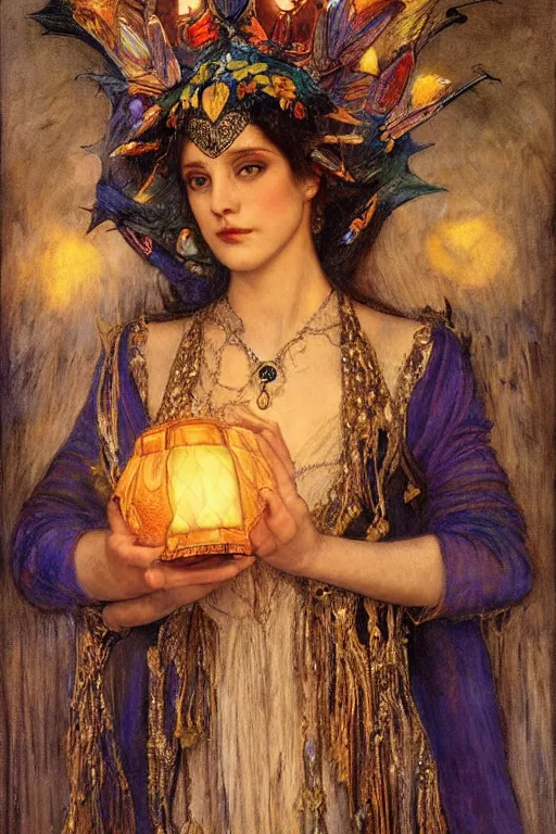 Prompt: queen of twilight with her lantern, by Annie Swynnerton and Diego Rivera and Gaston Bussière and Tino Rodriguez , elaborate headdress and embroidered velvet, iridescent beetles, rich color, dramatic cinematic lighting, extremely detailed