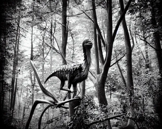 Image similar to hyper realistic vintage photograph of a real feathered velociraptor in a forest, ultra detailed, grain, old, monochrome, sepia toned, realistic lighting, wide angle, prehistoric planet