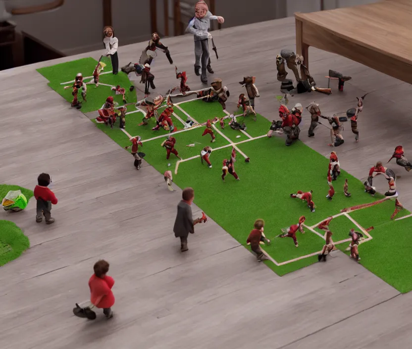 Prompt: subuteo game on a table but each player is Warwick Davis in the film Willow. 8k octane render unreal engine