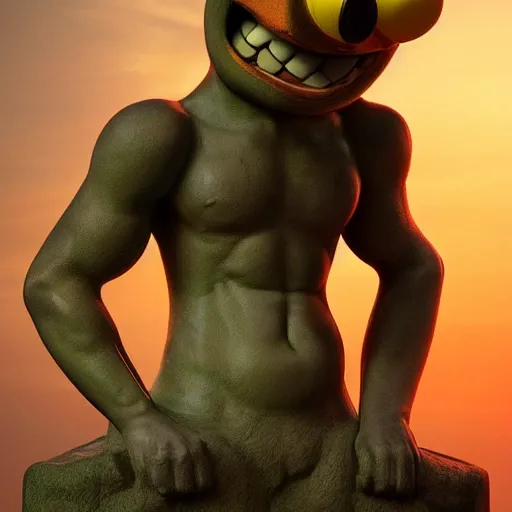 Image similar to SpongeBob Squarepants stone statue by Michelangelo, Dramatic Lighting by Brom, trending on Artstation, golden hour