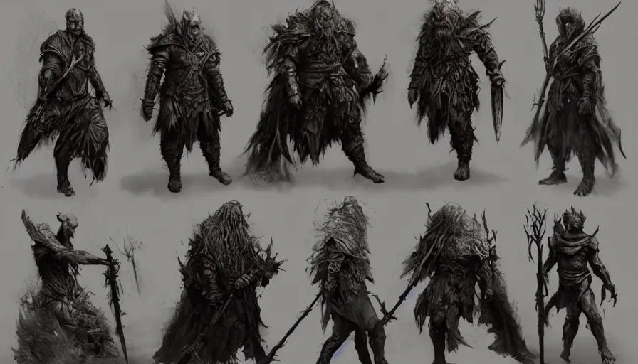 Prompt: feral chieftain charector concept sheet, beksinski, ruan jia, the hobbit orc concept, dark soul concept