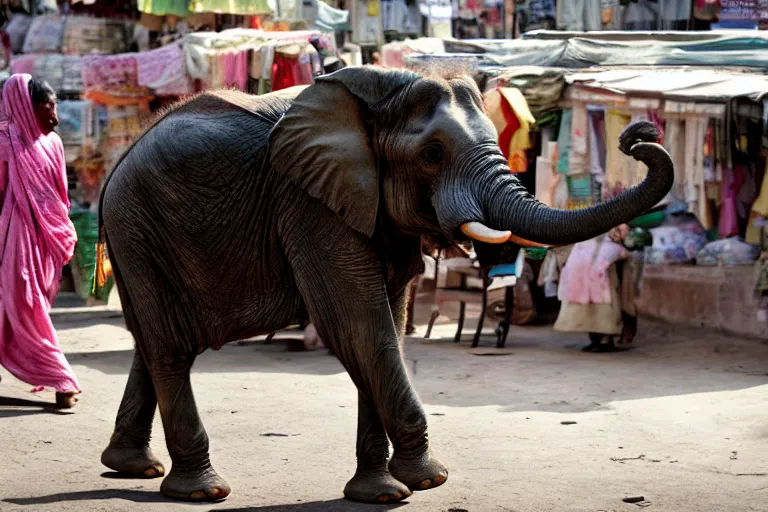 Image similar to cinematography elephant walking through Indian market by Emmanuel Lubezki