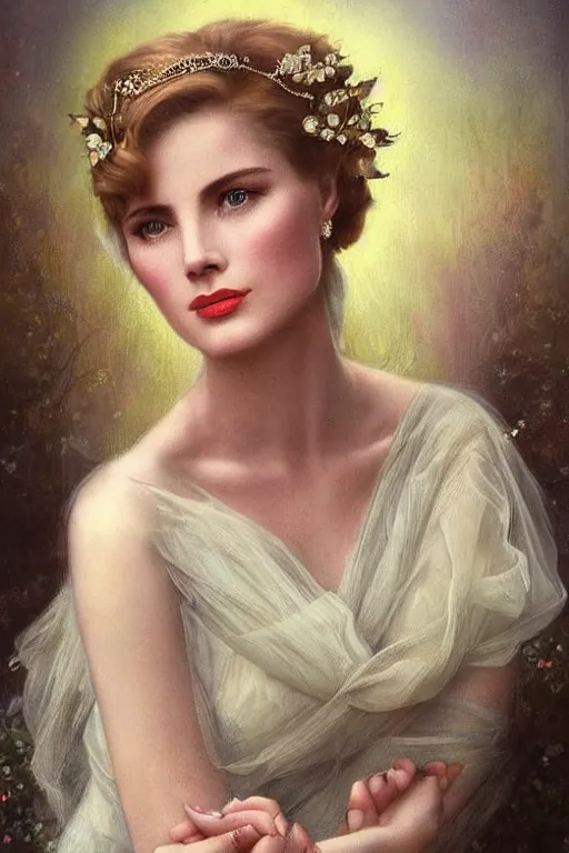 Image similar to A young and extremely beautiful Grace Kelly explaining the birds and the bees by Tom Bagshaw in the style of a modern Gaston Bussière, art nouveau, art deco, surrealism. Extremely lush detail. Melancholic night scene. Perfect composition and lighting. Profoundly surreal. High-contrast lush surrealistic photorealism. Sultry and mischievous expression on her face.