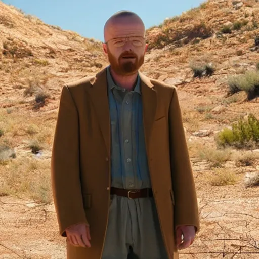 Image similar to Live Action Still of Aaron Paul dressed as Walter White, real life, hyperrealistic, ultra realistic, realistic, highly detailed, epic, HD quality, 8k resolution, body and headshot, film still