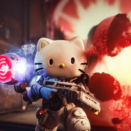 Image similar to Hello Kitty in Gears of War, splash art, movie still, detailed face, cinematic lighting, color, dramatic, octane render, long lens, shallow depth of field, bokeh, anamorphic lens flare, 8k, hyper detailed, 35mm film grain