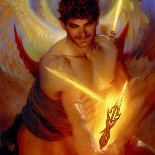 Image similar to attractive male lucifer morning star casting a spell summoning male demons. highly detailed painting by gaston bussiere, craig mullins, j. c. leyendecker, 8 k