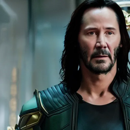 Image similar to film still of Keanu Reeves as Loki holding scepter in Avengers Endgame