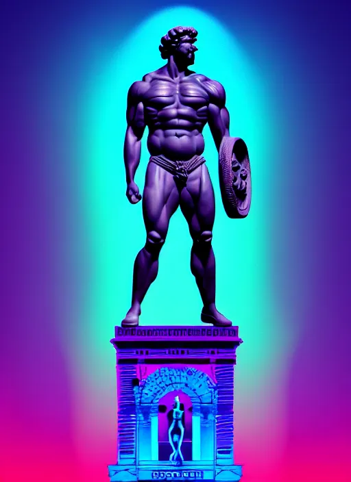 Image similar to statue of hercules, beeple, android jones, ( ( ( ( ( dan mumford ) ) ) ) ), vaporwave, retrowave, black background, neon wiring, black, glitch, strong contrast, cuts, pinterest, trending on artstation