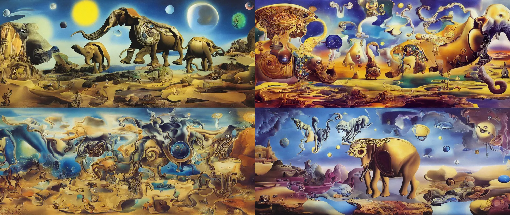 Prompt: a space elephant, progressing in an oasis, fantasyland surreal, oil painting, by salvador dali