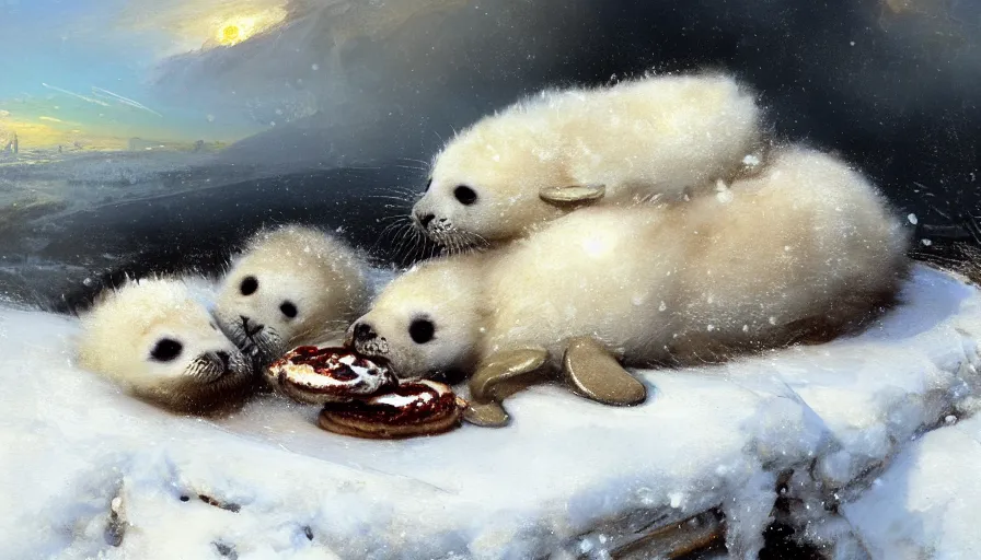 Image similar to highly detailed closeup painting of cute furry white baby seals in a pile of jam pancakes in the snow by william turner, by greg rutkowski, by william constable, thick brush strokes and visible paint layers, 4 k resolution