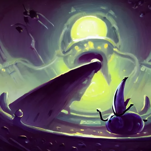 Image similar to oil painting of a pipe organ pirate spaceship in hollow knight style