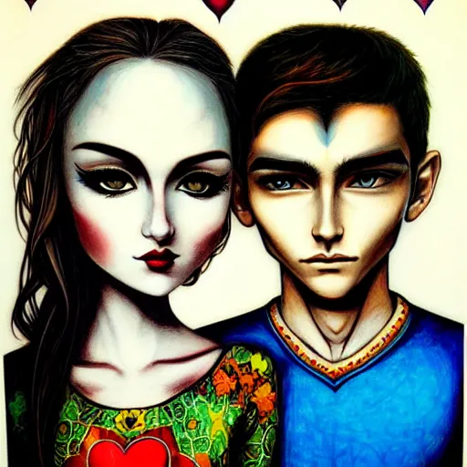 Image similar to perfectly centered symmetrical split male and female portrait of man and woman in love sharing one heart. art by jasmine becket griffith