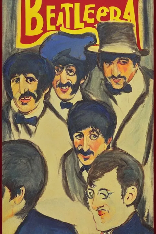 Image similar to poster announcing a Beatles concert in a french cabaret, john lennon, paul mccartney, ringo starr, by Toulouse-Lautrec, 4k,