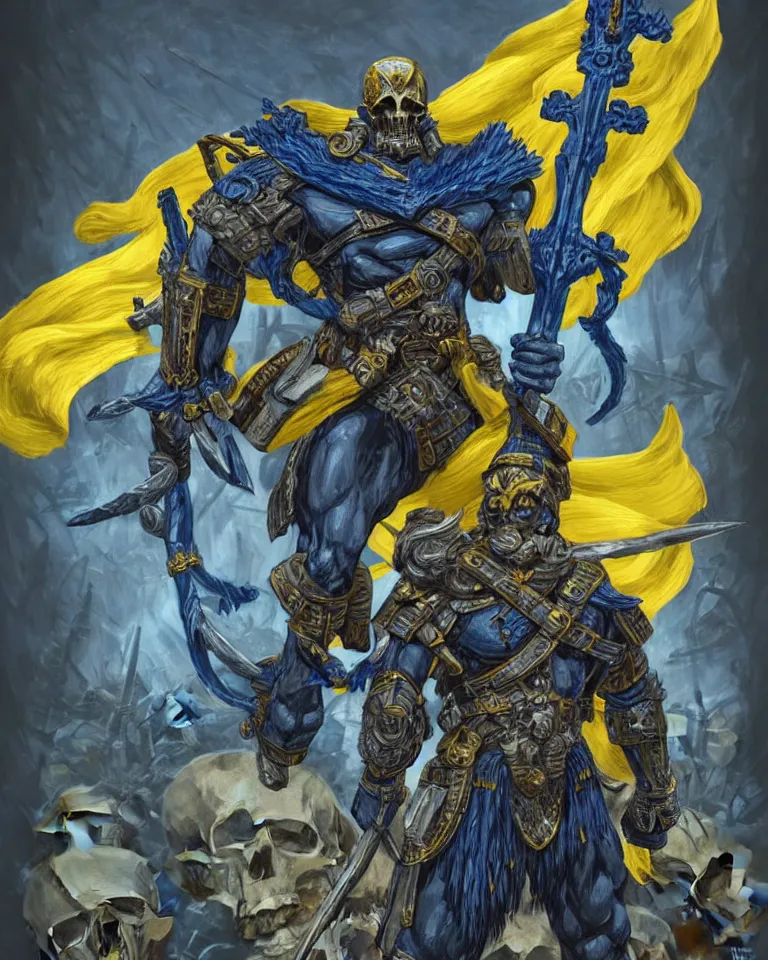 Image similar to a distant shot of one!!!!! single super soldier with blue and yellow flag and a trident symbol standing alone on a huge pile of skulls as a winner, masculine figure, D&D, fantasy, intricate, elegant, highly detailed, extremely detailed, digital painting, artstation, concept art, matte, smooth, sharp focus, illustration, art by Artgerm and Greg Rutkowski and Alphonse Mucha