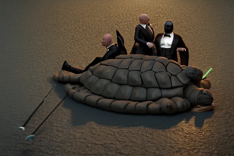 Prompt: hyperrealism photography simulation highly detailed human turtles'wearing detailed tuxedos and smoking, fishing in hyperrealism scene from cyberpunk movie from future by wes anderson and denis villeneuve and mike winkelmann rendered in blender and octane render