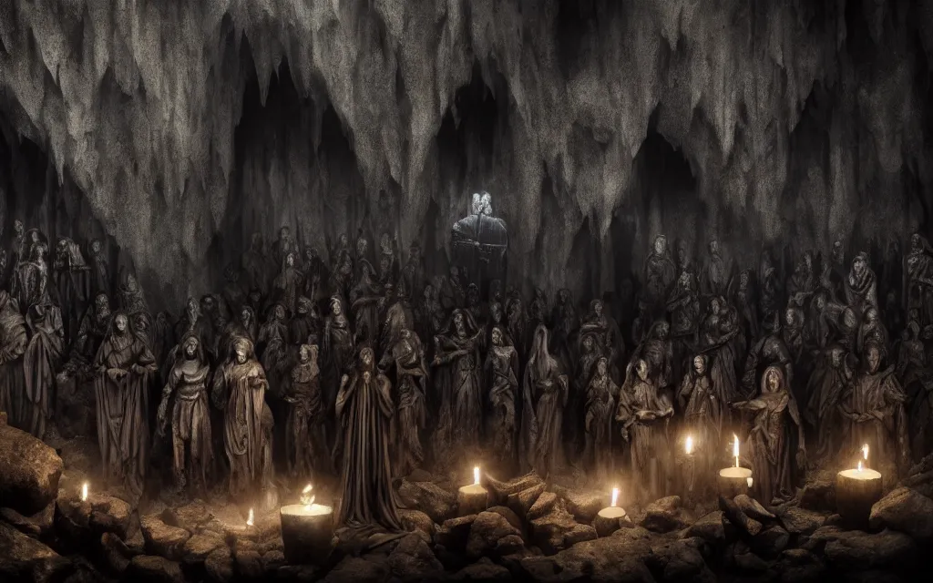 Image similar to dystopian dark chtonian cult gathering in a dark cave with an altar, by night, big statue of hecate, black wax candles, realistic photography, epic composition, sacred place, matte painting, 4 k, trending on artstation 4 k,