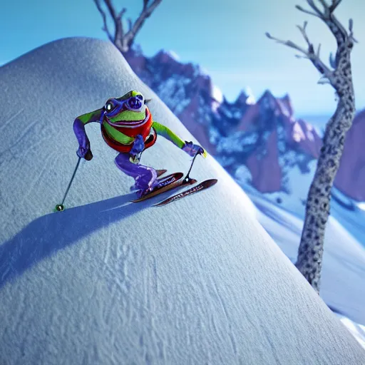 Image similar to 3 d octane frog character skiing down a mountain