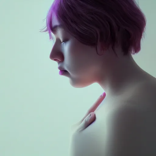 Image similar to aesthetic photo of a woman looking up with a sad expression, dslr, award winning, 8 k, octane beautifully detailed render, cold mood, purplish pastel filter, cinematic lighting, detailed photo, masterpiece, volumetric lighting, ultra realistic, highly detailed, high quality, lossless, photorealistic, sharp focus, hd