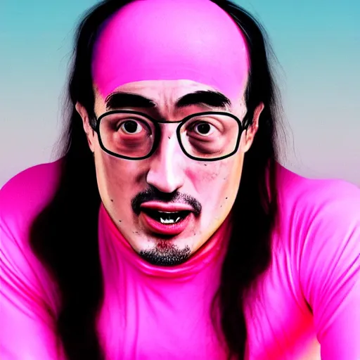 Image similar to A colored colorized real photograph of Filthy Frank as a middle aged guy in a pink morph suit, taken in the early 2020s, taken on a 2010s Camera, realistic, hyperrealistic, very realistic, very very realistic, highly detailed, very detailed, extremely detailed, detailed, digital art, trending on artstation, headshot and bodyshot, detailed face, very detailed face, very detailed face, real, real world, in real life, realism, HD Quality, 8k resolution, intricate details, colorized photograph, colorized photon, body and headshot, body and head in view