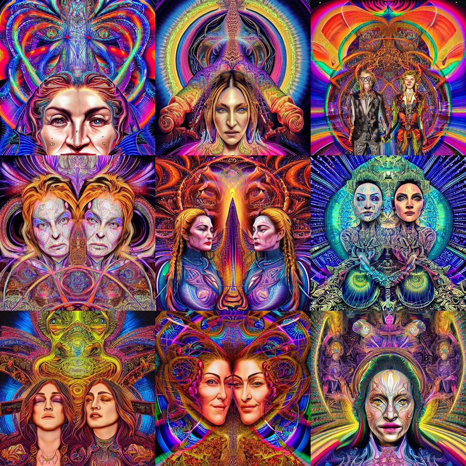 Prompt: a intricate ornate psychedelic image of a k. d lang and madonna, digital art by felix kelly, alex grey, dan mumford, artgerm, psychedelic art, psychedelic, fractalism, fractals, artstation, detailed, art, hyper realism, hyper detailed, cgsociety, ue 5, hd, 3 d