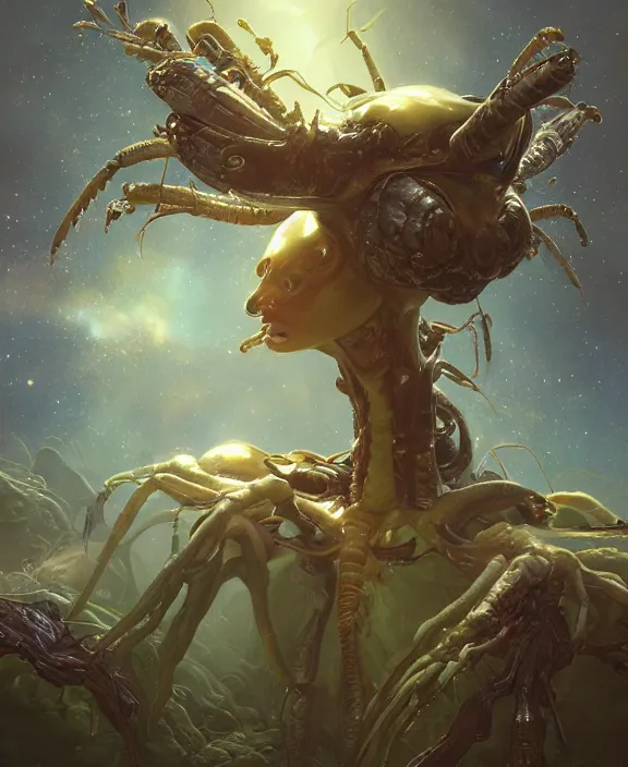 Prompt: portrait of an alien insect fungus creature, adorable, childlike, milky way environment, ultra realistic, concept art, cheerful, photorealistic, octane render, 8 k, unreal engine. art by christopher marley and artgerm and greg rutkowski and alphonse mucha