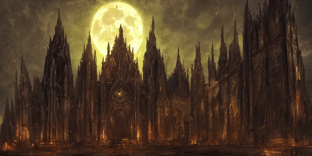 Image similar to cathedral from demons souls, gothic art, concept art, digital painting, trending on art station, night time render, moon light, god rays, highly detailed