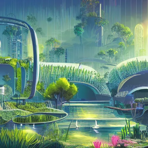 Image similar to beautiful happy picturesque charming organic futuristic sci - fi town in harmony with nature. water and plants. beautiful light. grainy and rough. soft colour scheme. beautiful artistic vector graphic design printed matter by lurid. ( 2 0 2 2 )