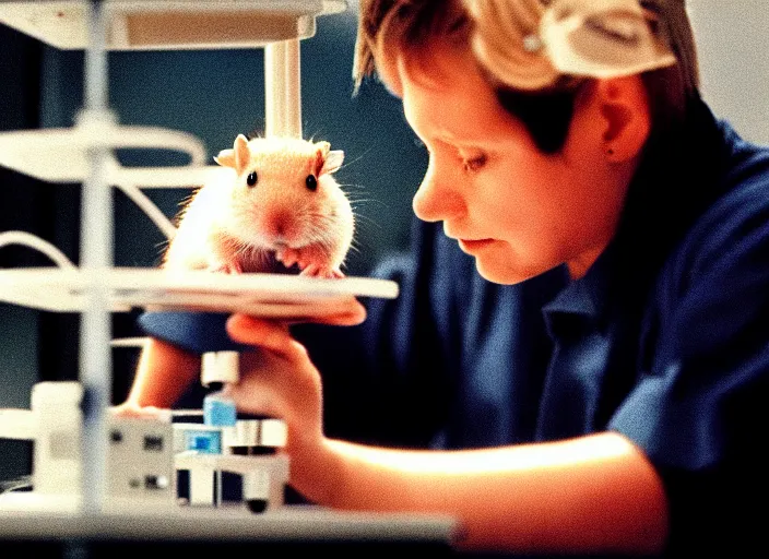 Image similar to film still of a hamster working in a research lab finding the cure for cancer, 8 k