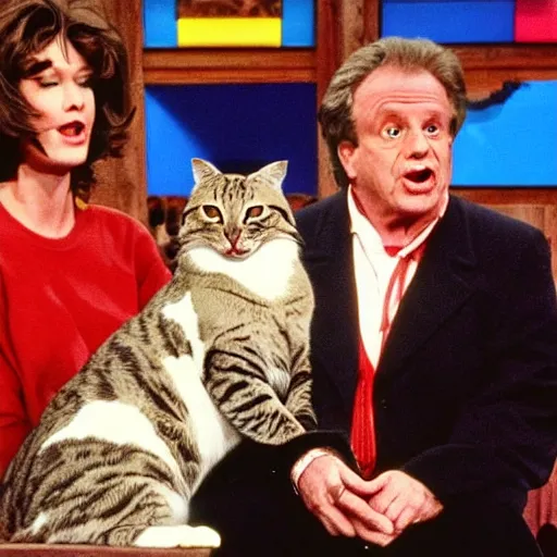 Image similar to the jerry springer show with cats, nineties style, tv show, colorful, vhs tape