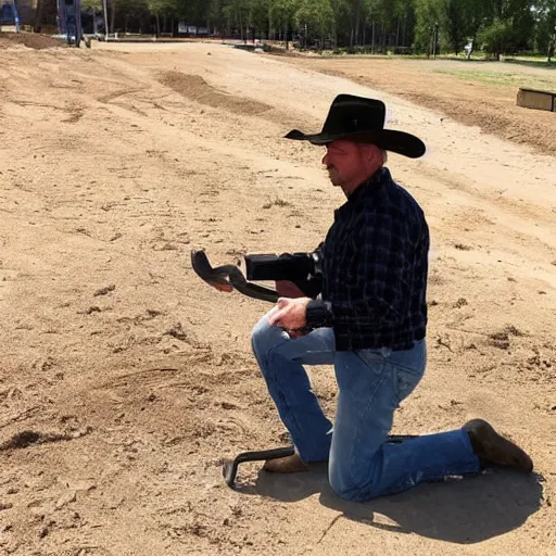 Prompt: a cowboy kneeled on the ground with a broken metal detector almost in tears and desperate when he realizes he can't dig for treasure