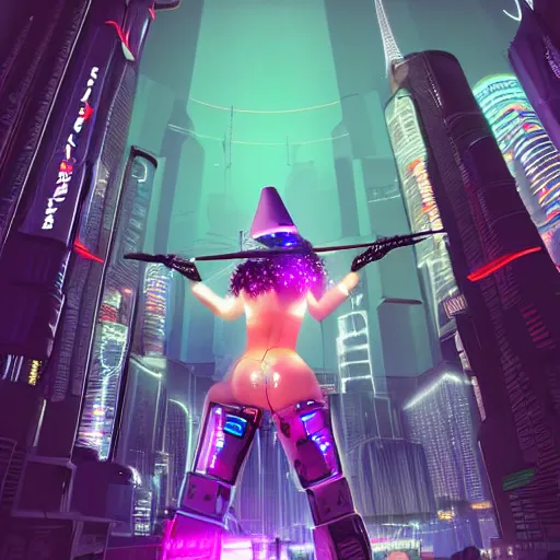 Image similar to detailed portrait cyberpunk robotic cybergirl with witch hat on flying cyberbroom in night city at giant japanese neon label 4 k, digital art