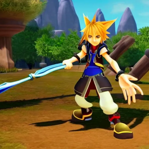 Image similar to A leaked image of a Warrior cats world in Kingdom Hearts 4, Kingdom hearts worlds, Lion sora , action rpg Video game, Sora wielding a keyblade, Sora as a cat, cartoony shaders, rtx on, Erin hunter, Warrior cats book series