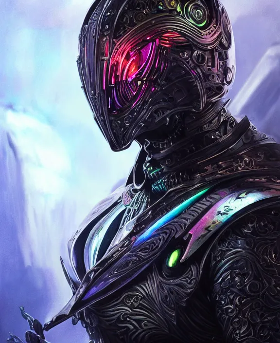 Prompt: the omnipotent assassin, vivid award winning digital artwork, intricate black sharp iridescent hooded semi - cybernetic armour, beautiful iridescent colors technology and weapon, long sharp spikes, glowing face, detailed realistic, specular colors, ornate colored gems, character art by greg rutkowski and artgerm