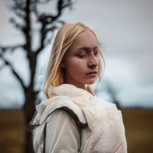 Image similar to symmetry!! portrait photograph shot on petzval lens of an extremely pretty!!! young blonde female with symmetric face. with a very detailed barn owl!!!!! on her shoulder. in iceland. shallow depth of field. featured on flickr, art photography,