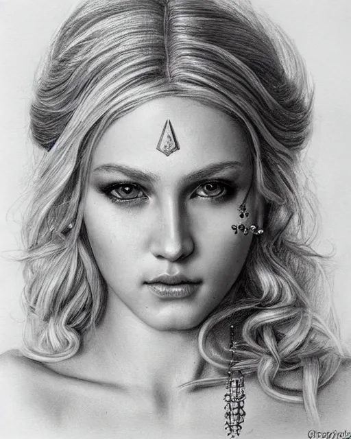 Prompt: pencil drawing of beautiful greek goddess aphrodite with arrowhead jewelry, beautiful piercing eyes, beautiful blonde hair, hyper realistic face, in the style of greg rutkowski, fantasy, amazing detail, epic, elegant, smooth, sharp focus, from the front